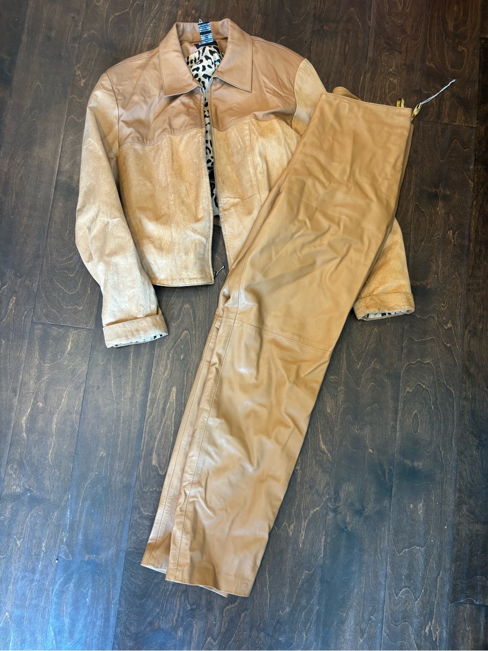 Women's vintage H&M Tan Leather Jacket (Large) and matching pants (size 8)